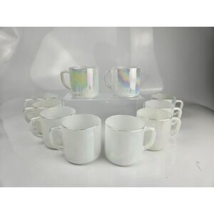 Federal Glass Moonglow Iridescent Milk‎ Glass D-Handle Mugs Set of 10 Heat Proof